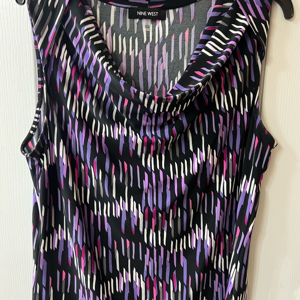 Nine West Black Sleeveless Cowl Neck Top with Purple, Pink & White Print